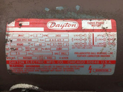 Dayton 3N447 2 HP Electric Motor208-220/440V 3PH 3450 RPM H56HC Frame