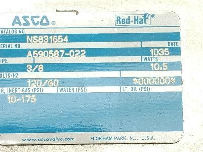 Asco Red Hat NS831654 Solenoid Valve 3/8" NPT 120V New