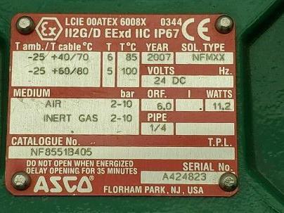 Asco NF8551B405 Hazardous Location Solenoid Valve 1/4" NPT 24VDC