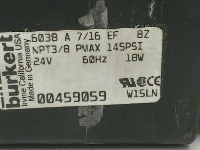 Burkert 00459059 6038 A 7/16 EF 3/8" 24V Solenoid Valve 145 PSI New