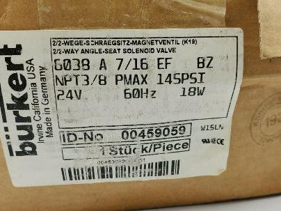 Burkert 00459059 6038 A 7/16 EF 3/8" 24V Solenoid Valve 145 PSI New