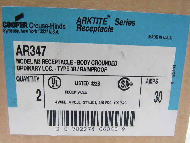 Crouse Hinds AR347  Arktite Body Grounded Connector Plug 30A 600 V Lot of 2