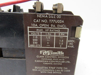 T77U03A Clark AO Smith Contactor 10a Size 00 110V Coil