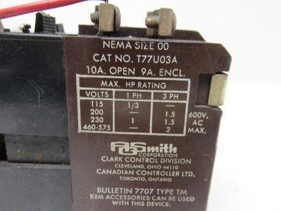 T77U03A Clark AO Smith Contactor 10a Size 00 110V Coil