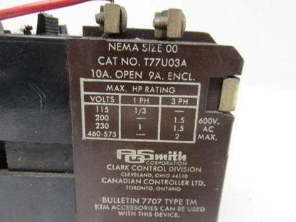 T77U03A Clark AO Smith Contactor 10a Size 00 110V Coil
