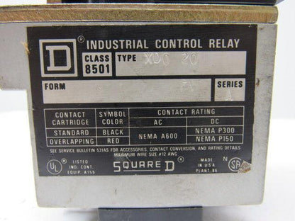Square D XD0-20 Control Relay Series A Type XD  Lot of 2