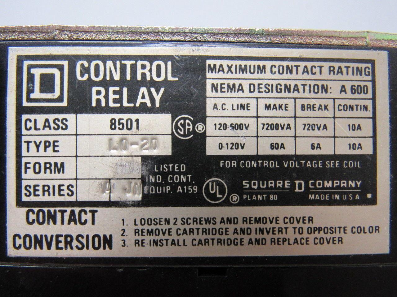 Square D L0-20 Control Relay Series A 110V CRL801 Coil