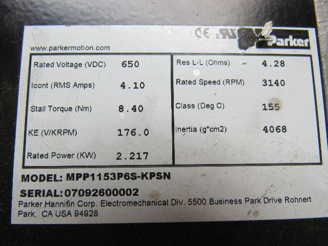 Parker MPP1153P6S-KPSN Electric Rotary Servomotor 460VDC 3140RPM 2.217KW