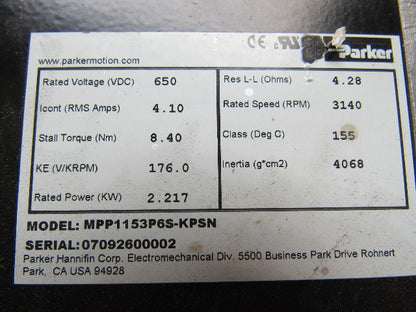 Parker MPP1153P6S-KPSN Electric Rotary Servomotor 460VDC 3140RPM 2.217KW