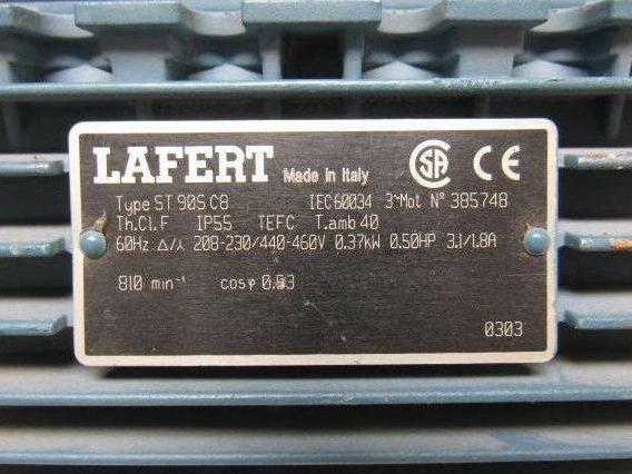 LAFERT ST90SC8 1/2HP Electric Motor 230/460V 810 RPM / Missing Fan