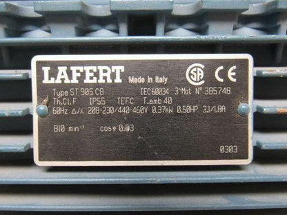 LAFERT ST90SC8 1/2HP Electric Motor 230/460V 810 RPM / Missing Fan
