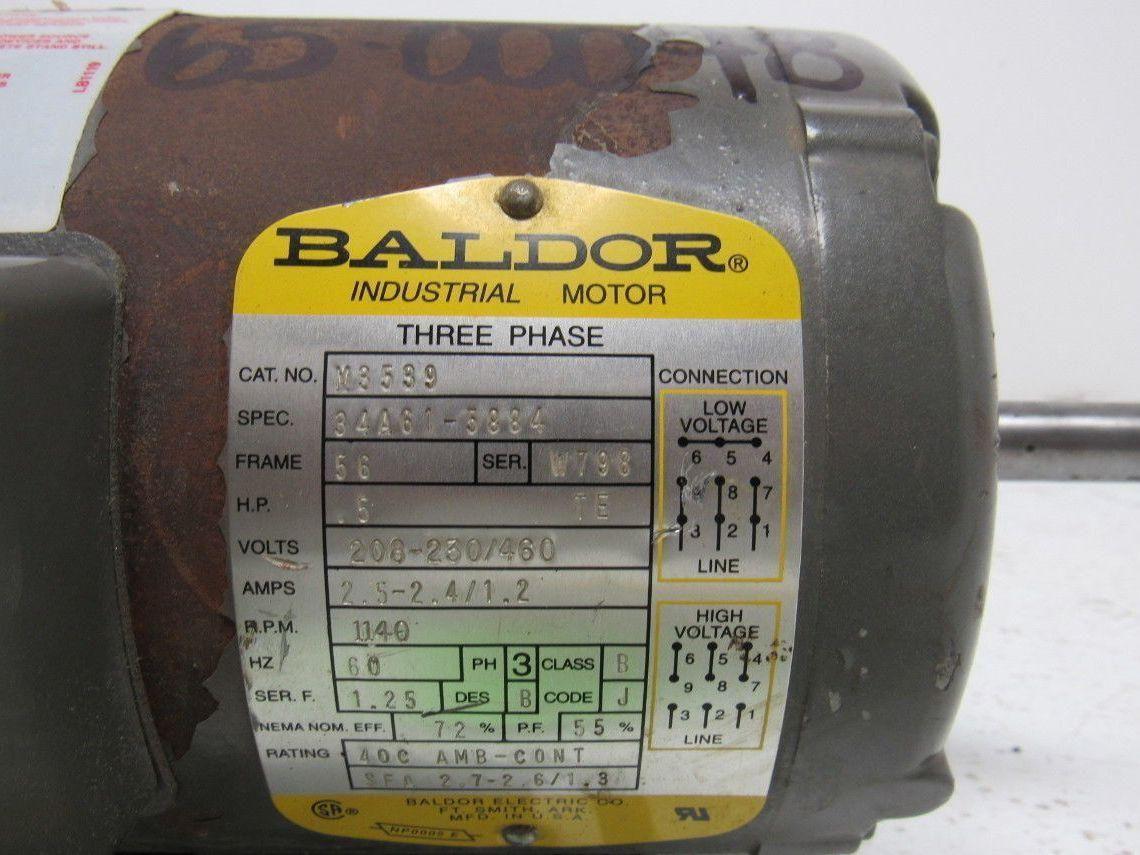 Baldor M3539 Electric Motor 1/2 HP 3PH 1140RPM