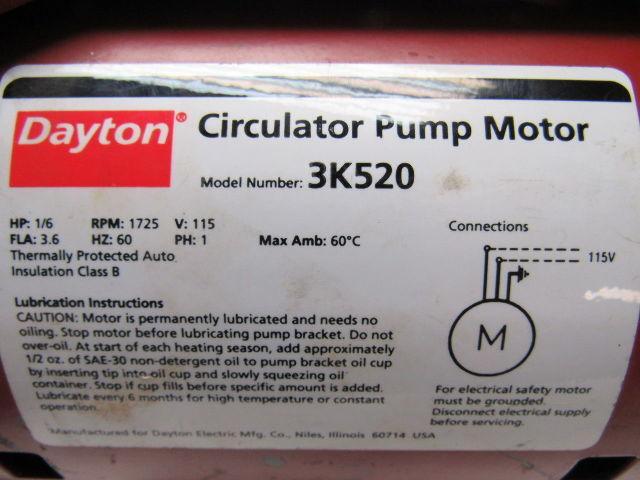 Dayton Circulator Pump Motor 1/6 HP.