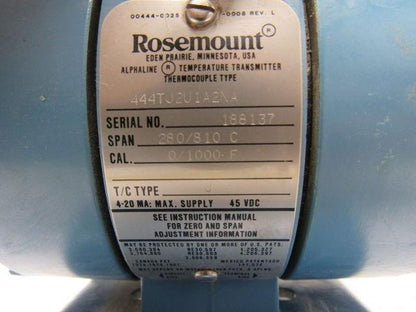 Rosemount 444TJ2U1A2NA Temperature Transmitter Span 280/810 C.  Cal. 0/1000 F.