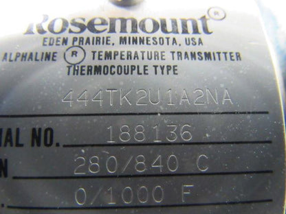 Rosemount 444TK2U1A2NA Temperature Transmitter Span 280/840 c, Cal 0/1000 F.