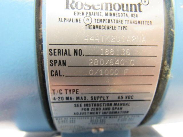 Rosemount 444TK2U1A2NA Temperature Transmitter Span 280/840 c, Cal 0/1000 F.