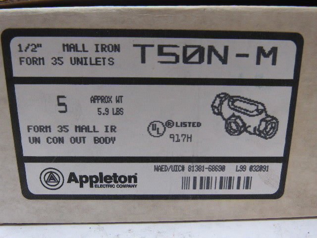 Appleton T50N-M Conduit Outlet Body, Rigid Conduit Malleable Iron 1/2" Lot of 5