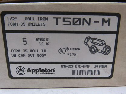 Appleton T50N-M Conduit Outlet Body, Rigid Conduit Malleable Iron 1/2" Lot of 5