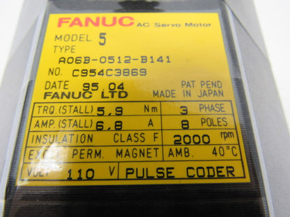 Fanuc A06B-0512-B141 AC Servo Motor 3PH 8 Poles 2000RPM 110V Pulse coder
