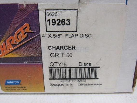 Norton 19263 Charger 60 Grit Flap Disc 4" X 5/8" Box Of 5