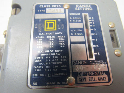 Square D BFW33 Class 9025 Series B Temperature Switch 80-145° F Range 1/2" NPT