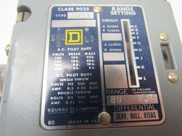 Square D BFW33 Class 9025 Series B Temperature Switch 80-145° F Range 1/2" NPT