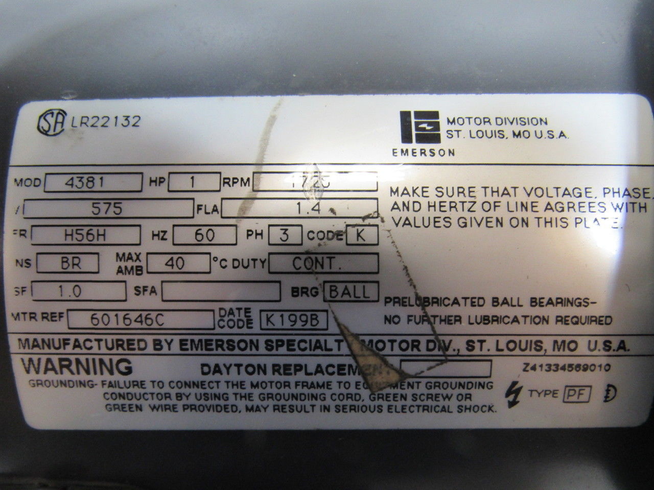 EMERSON 4381 1HP 575V 3Ph 60Hz 1725 RPM AC Motor Tested