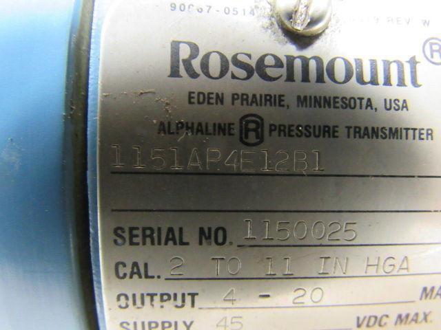 ROSEMOUNT 1151AP4E12B1 Alphaline Pressure Transmitter Cal.2-11 In HGA 4-20MA Out