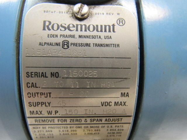 ROSEMOUNT 1151AP4E12B1 Alphaline Pressure Transmitter Cal.2-11 In HGA 4-20MA Out
