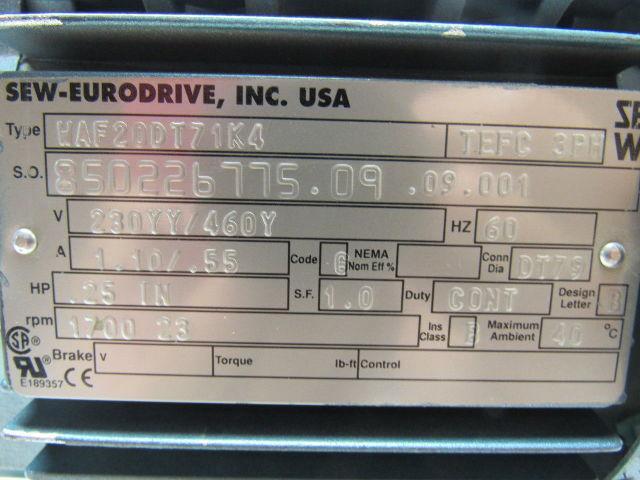 SEW-EURODRIVE WAF20DT71K4 Gear Motor .25HP 230/460V 3PH 23 RPM Hollow Shaft