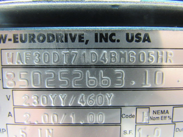 SEW-EURODRIVE WAF30DT71D4BMG05HR Gear Motor 230/460V 3PH 1/2HP 1700/23RPM