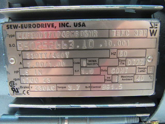 SEW-EURODRIVE WAF30DT71D4BMG05HR Gear Motor 230/460V 3PH 1/2HP 1700/23RPM