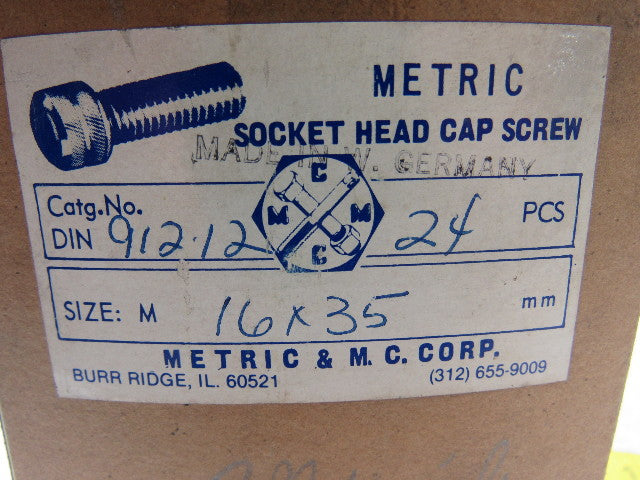 MMCC 91212 Full Thread 16X35mm Metric Socket Head Cap Screws Lot Of 22