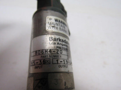Barksdale Controls 806H4-20 Pressure Transducer 15-36 VDC Input 1-11 VDC Output