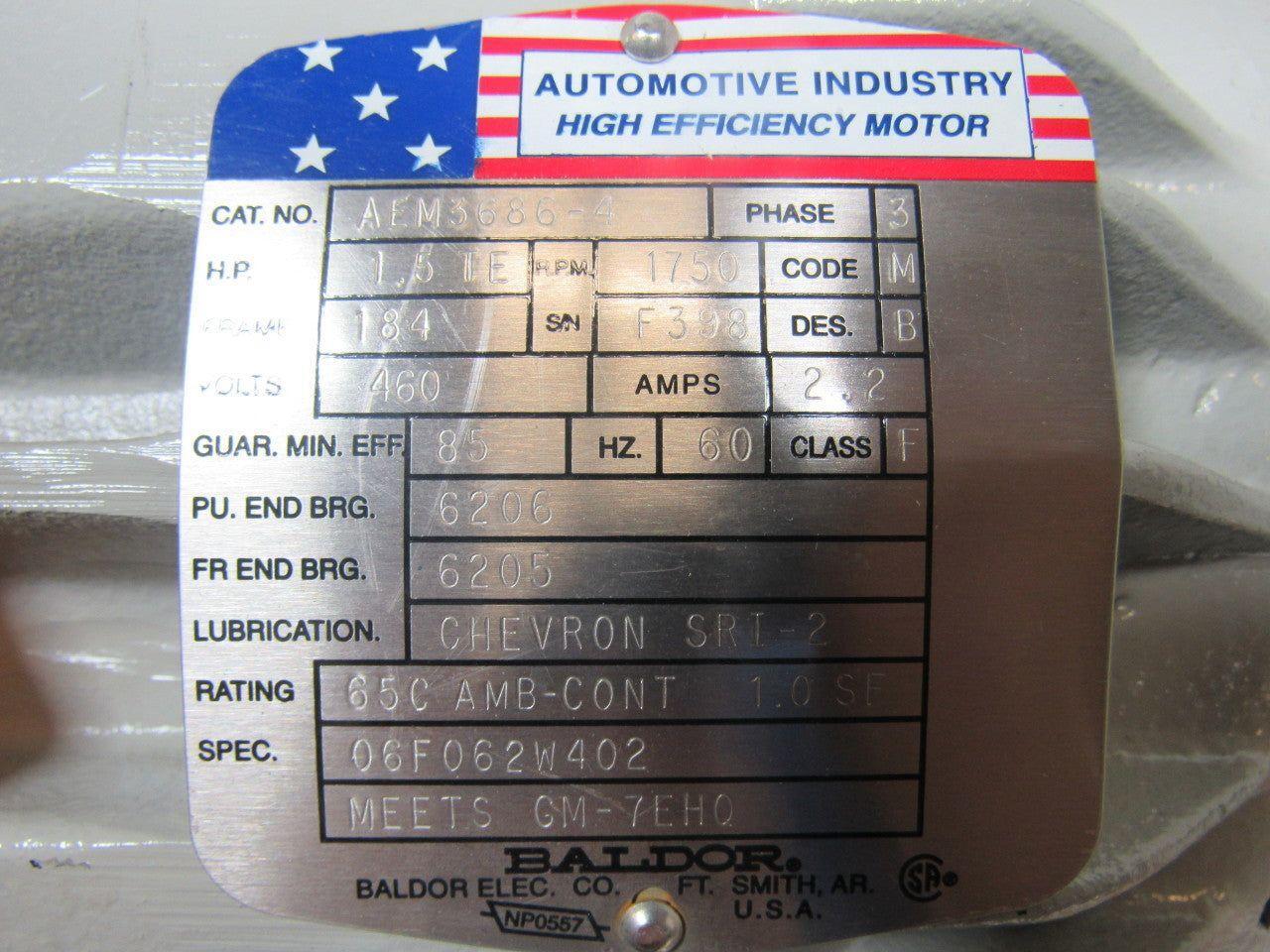 BALDOR AEM3686-4 1-1/2 HP TE 460V 3PH 1750RPM Frm184 AC Motor 7/8" Shaft NOS