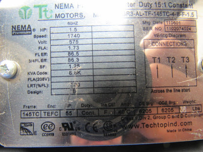 TECHTOP GR3-AL-TF-145TC-4-B-F-1.5 1-1/2HP Inverter Duty Motor 575V 1740RPM