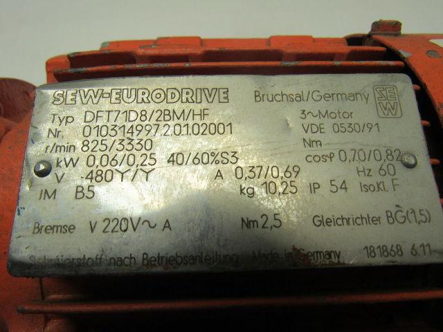 SEW-EURODRIVE DFT71D8/2BM/HF AC Motor .08/.34Hp 825/3330RPM W/Brake 460V 60Hz
