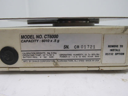 Ohaus CT6000 Electronic Portable Scale 6010 X .5g Capacity 6-12VDC W/Power Cord