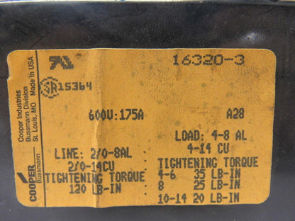 Cooper Bussmann 16320-3 Terminal Distribution Block 600V 175A