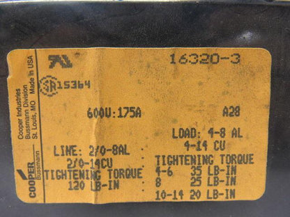Cooper Bussmann 16320-3 Terminal Distribution Block 600V 175A