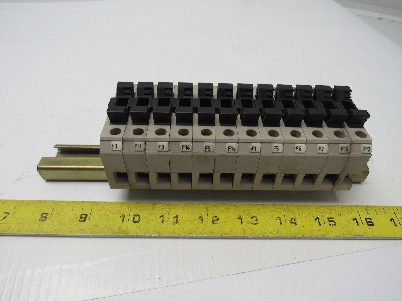 Weidmuller KSKM/32 1/4X1-1/4 Fuse Block Terminal Lot Of 12 With Mounting Rail