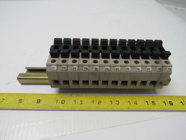 Weidmuller KSKM/32 1/4X1-1/4 Fuse Block Terminal Lot Of 12 With Mounting Rail