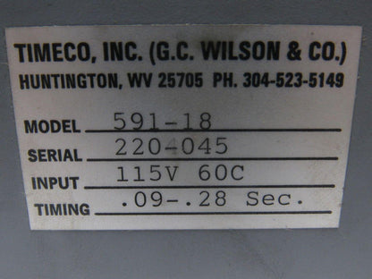 TIMECO 591-18 Time Delay Relay 115V 60C .09-.28 Sec.