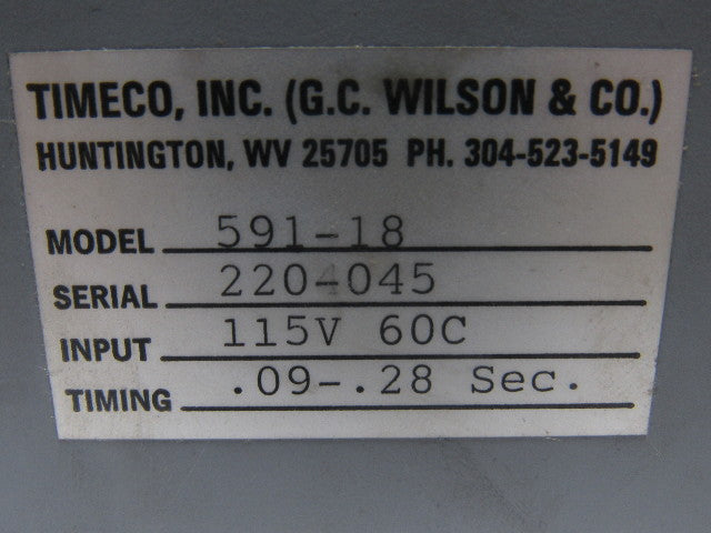 TIMECO 591-18 Time Delay Relay 115V 60C .09-.28 Sec.