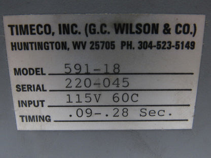 TIMECO 591-18 Time Delay Relay 115V 60C .09-.28 Sec.