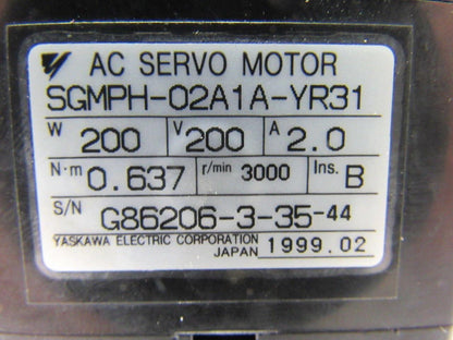 Yaskawa SGMPH-02A1A-YR31 AC Servo Motor 200V 200W 2.0A 3000 RPM