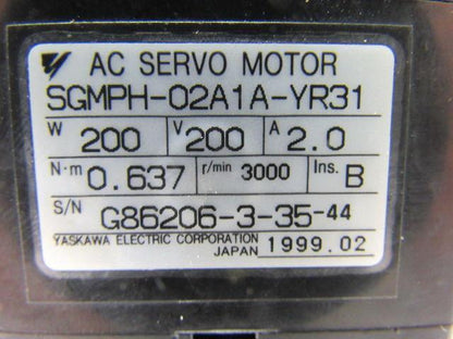 Yaskawa SGMPH-02A1A-YR31 AC Servo Motor 200V 200W 2.0A 3000 RPM
