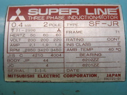 Mitsubishi SF-JR 200/220ac 50/60 Hz. 3 PH Induction Motor Bench Polish/Deburring