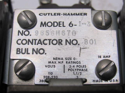 Cutler Hammer 9656H67G Size 0 Reversing Contactors Coil Overload