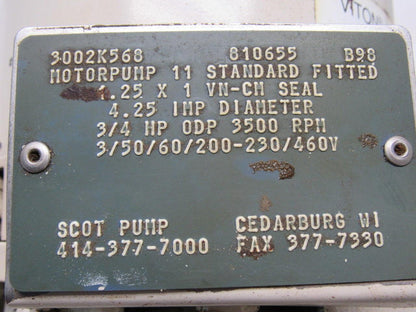 Scot Model 11 Standard 3/4HP 3PH End Suction Centrifugal Pump 1.25" X 1"